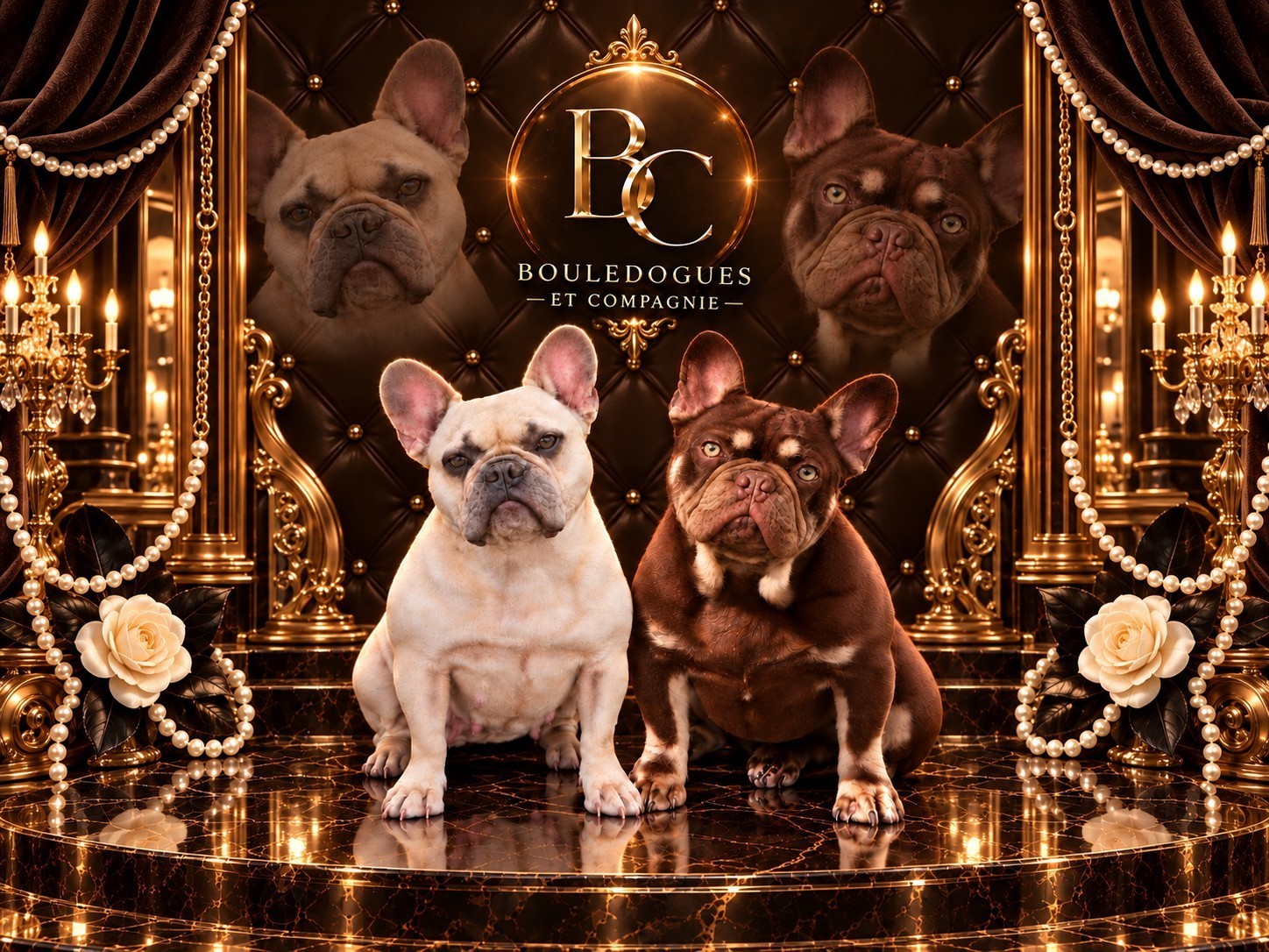 Une femelle bouledogue français exotique de couleur Lilas Fawn et un mâle Bouledogue Français exotique de couleur Rojo Tan 