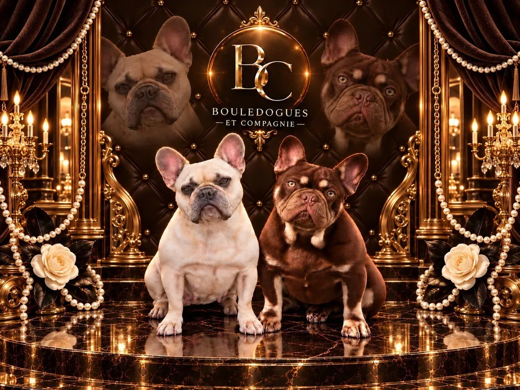 Une femelle bouledogue français exotique de couleur Lilas Fawn et un mâle Bouledogue Français exotique de couleur Rojo Tan 